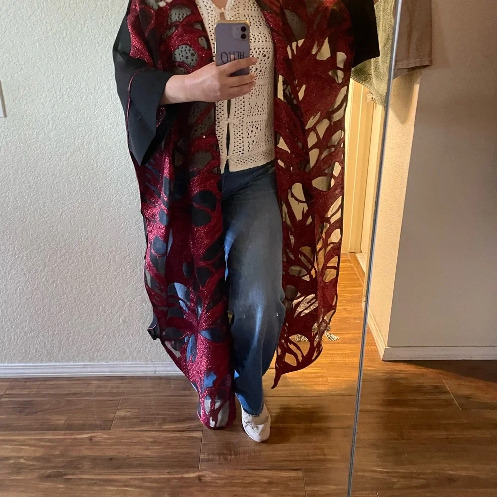 Red and Black Sheer Floral Kimono Wrap - Picture 2 of 9